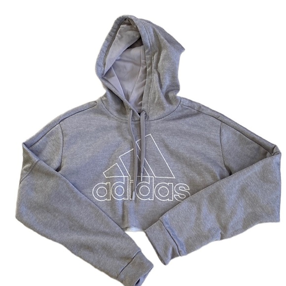 Adidas CLIMAWARM Hoodie Spell Out Gray Sweatshirt Womens Medium - Picture 1 of 4